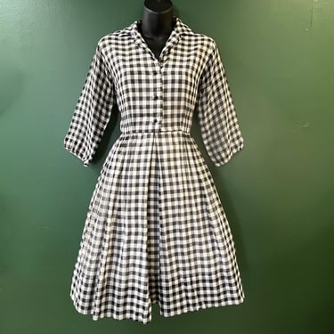 1950s gingham day dress black checker fit and flare frock small 