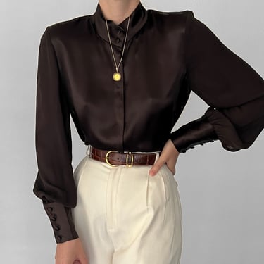 Vintage Espresso Silk Bishop Sleeve Blouse