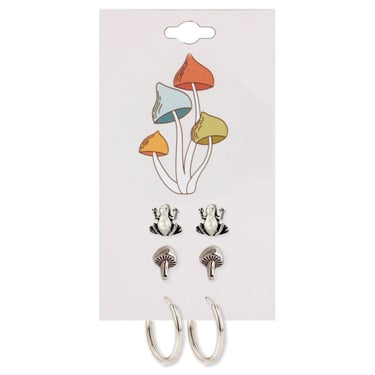 Silver Frog Mushroom Post Hoop Earring Set