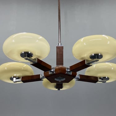 Art Deco Wood and Glass Chandelier, 1930s, Restored 