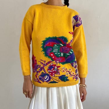 90s cotton sweater / vintage marigold yellow hand knit intarsia floral cotton knit oversized sweater | Large 