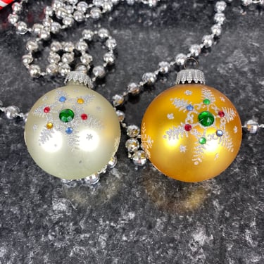Vintage West German Glass Christmas Tree Ornaments, Gold & Silver Snowflake Glitter Mica Rhinestones, Vintage Luxury Metallic Holiday Decor 