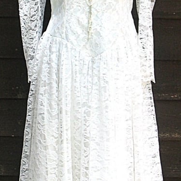 Lilia Smitty Cowgirl Vintage Western White Lace Wedding Dress Boot Hemline Sequins Beads Sheer Sleeves Princess Waist, Medium (see meas.) 