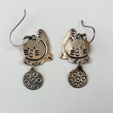 Vintage Mexican Silver Cat Earrings Taxco Sterling Kitten with Ball Toy 