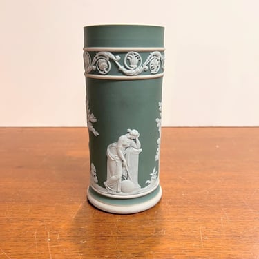 Vintage Wedgwood Jasperware Teal Green Spill Vase Cylinder Vase White on Teal 