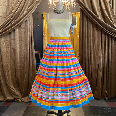 1980s cotton skirt, rainbow striped, tiered full, vintage skirt, 80s does 50s, 1950s style skirt, rockabilly, ric rac, border print, midi 