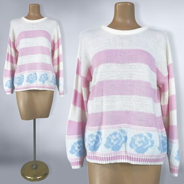 VINTAGE 80s Pastel Pink & White Striped Sweater with Blue Roses M/L/XL | 1980s Oversized Pullover Sweater Vaporwave | VFG 