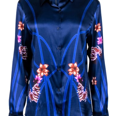 Tucker - Royal Blue Floral Print Silk Blend Blouse Sz M