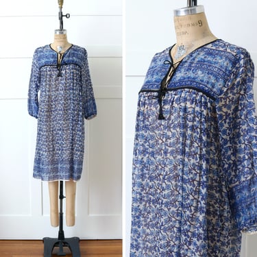 vintage 1970s indian cottton hippie dress • sheer tissue cotton bohemian blue & white India dress 