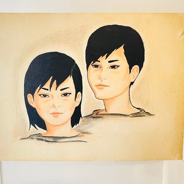 Vintage 1970s Original Art Sketch Hand Drawing Portrait Asian Oriental Boy Girl Ink Pencil 