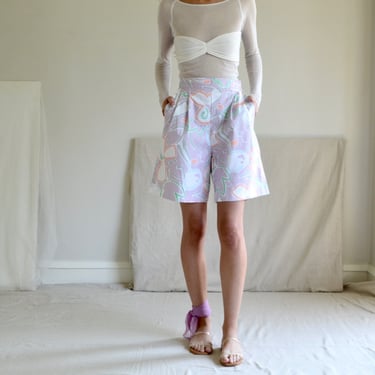 lavender abstract floral pleated long line cotton shorts / 28w 