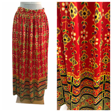 Vintage VTG 1970s 70s Orange Red Floral Patterned Summer Maxi Skirt 