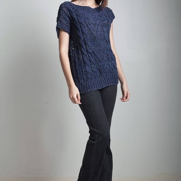 hand crochet leather suede macrame top asymmetrical navy blue crew neck LARGE EXTRA Large L XL 