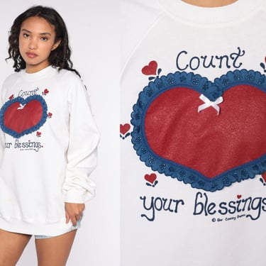 Heart Sweatshirt Count Your Blessings Sweater 80s Novelty Slouchy Kitsch Pullover 90s Slouch Top Raglan Sleeve Extra Large xl 