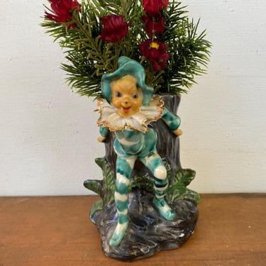 Vintage Elf Vase, Green And White Striped Pixie Posed In Front of Log, Made in Japan, Christmas, St. Patricks Day,READ 