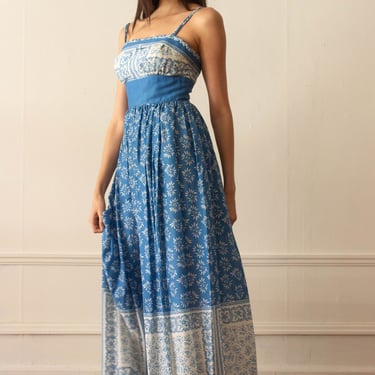1970s Does 1950s Cerulean Blue Printed Maxi Dress 