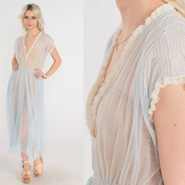 50s Nightgown Sheer Baby Blue Slip Lingerie Maxi Dress Full Length Slip Long Negligee Smocked Lace V Neck Romantic Vintage 1950s Small S 