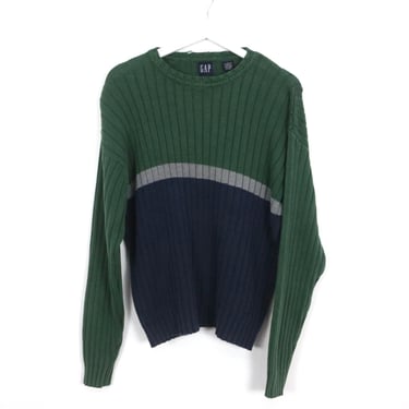 vintage 1990s y2k men's BLUE single stripe RIBBED sweater vintage 90s GAP brand color block sweater -- size large men's 