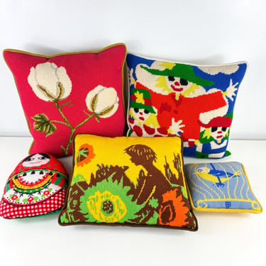 Vintage Needlepoint Pillows sold individually, Your Choice: Thick Stitch Handmade Needlepoint Corduroy Needlepoint Pillow, Floral, Scarecrow 