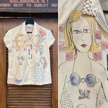 Vintage 1960’s Custom Artwork Hippie Mod Cartoon Beach Shirt Top, 60’s Button Down, Vintage Clothing 