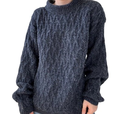 Hand Knit Womens Alpaca Navy Blue Cable Knit Chunky Oversized Fisherman Sweater 