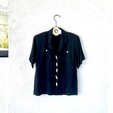 Vintage Oscar de la Renta 80s Strong Shoulders Black Collared Shirt with Large Buttons 