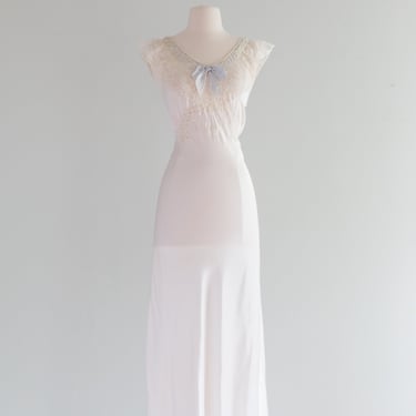 Vintage 1930's Ivory Satin Bias Cut Gown With Blue Bow / Medium
