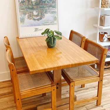 Vintage Butcher Block Table with 4 Oak + Caned Chairs