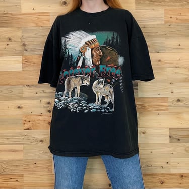 90's Vintage Forever Free Nature Wolf Thunder Tee Shirt T-Shirt 