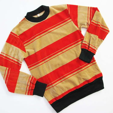 Vintage 70s Stripe Velour Sweater Long Sleeve S - 1970s Red Tan Rugby Stripe Crewneck Jumper 