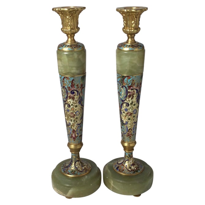 Circa 1900 Gilt Bronze Champleve' and Onyx Tall Candlesticks