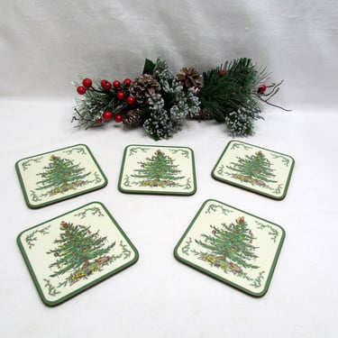 Vintage Pimpernel Spode England Christmas Tree Set of 5 Cork Backed Drink Coasters 