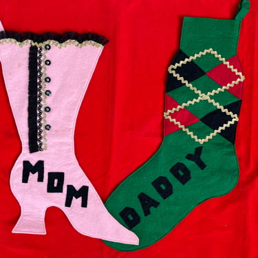 vintage felt Christmas stocking set Mom and Daddy mantle stockings 