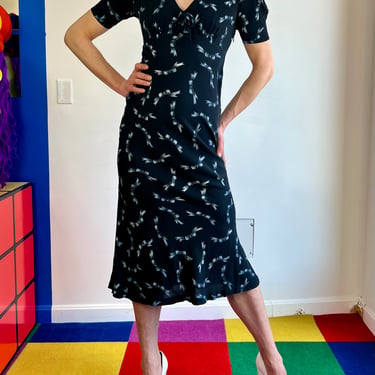 90’s Black Blue Ribbon Bow Print Betsey Johnson Bias Cut Puff Sleeve Midi Dress