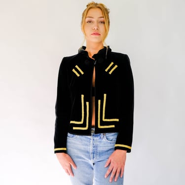 Vintage 70s COJANA LONDON Black Velvet & Gold Soutache Cropped Military Style Jacket w/ Satin Collar | Made in England | 1970s Designer Coat 