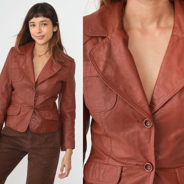 70s Brown Leather Jacket Leather Blazer Bohemian Boho Hippie Cropped V Neck Vintage 1970s Hipster Collared Button Up Preppy Extra Small xs 