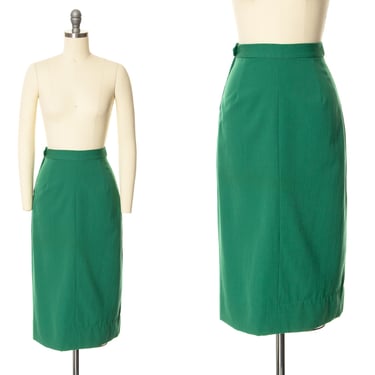 Vintage 1950s Pencil Skirt | 50s Kelly Green Wool Twill High Waisted Secretary Pin Up Wiggle Skirt (small) 