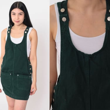 Dark Green Jumper Dress 90s Mini Overall Dress Pinafore Shift Casual Cotton Pocket Dress Grunge Button Side Sleeveless Vintage 1990s Small S 