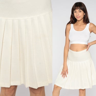 Pleated Mini Skirt -- 70s Tennis Skirt Off-White High Waist Skirt 1970s Bohemian Cheer Outfit Vintage Preppy Festival Small S 