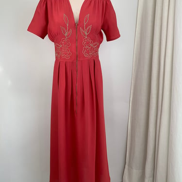 1940'S Dressing Gown - Deep Coral Rayon - Embroidered Cording Details - Front Zipper - Medium to Large 