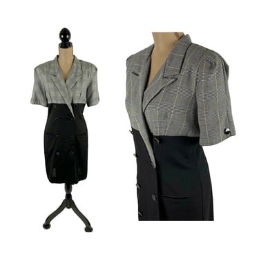 M 90s Double Breasted Color Block Midi Dress Medium, Black + Houndstooth Short Sleeve Office Secretary Wiggle, 1990s Clothes Women Vintage 