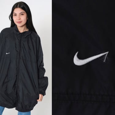 Nike Windbreaker Jacket 90s Black Nylon Shell Zip Jacket Striped Streetwear Raglan Sleeve 1990s Athletic Sportswear xxl 2xl 