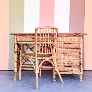 Coastal Rattan Chippendale Desk and Chair