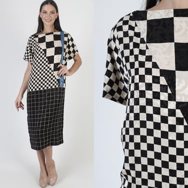 Halston III Designer Dress, 80s Black And White Checker Print, New Wave Batwing Sleeve, Tag Size Medium M 