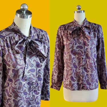 1970s Blouse with Pussy Bow and Paisley Print- 70s Blouse - 70s Women's Vintage Size XL 