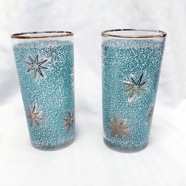 1950's Libby Party Time Blue Gold Atomic Stars High Ball Tumblers Drinking Glasses Glass Vintage Mid Century 