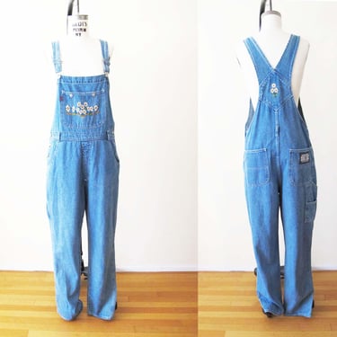 90s Y2K Women Denim Overall M - Embroidered Daisy Floral Blue Jean Baggy Overalls 