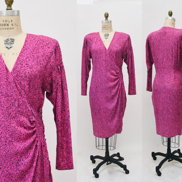 80s 90s Vintage Pink Silk Wrap Dress Size Medium Large Fuchsia Magenta Silk dress// 80s 90s Vintage Pink Silk Dress long  Sleeve Flora Kung 