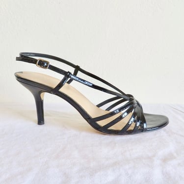 1950's Style Size 10 Black Patent Leather Strappy High Heel Sandals Formal Evening Retro Sexy Stiletto Heels Via Spiga Italian Shoes 