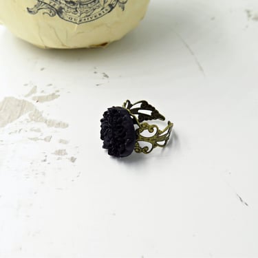 Black Flower Cocktail Ring, Whimsigoth, Halloween Jewelry, Victorian, Gothic Witchy 